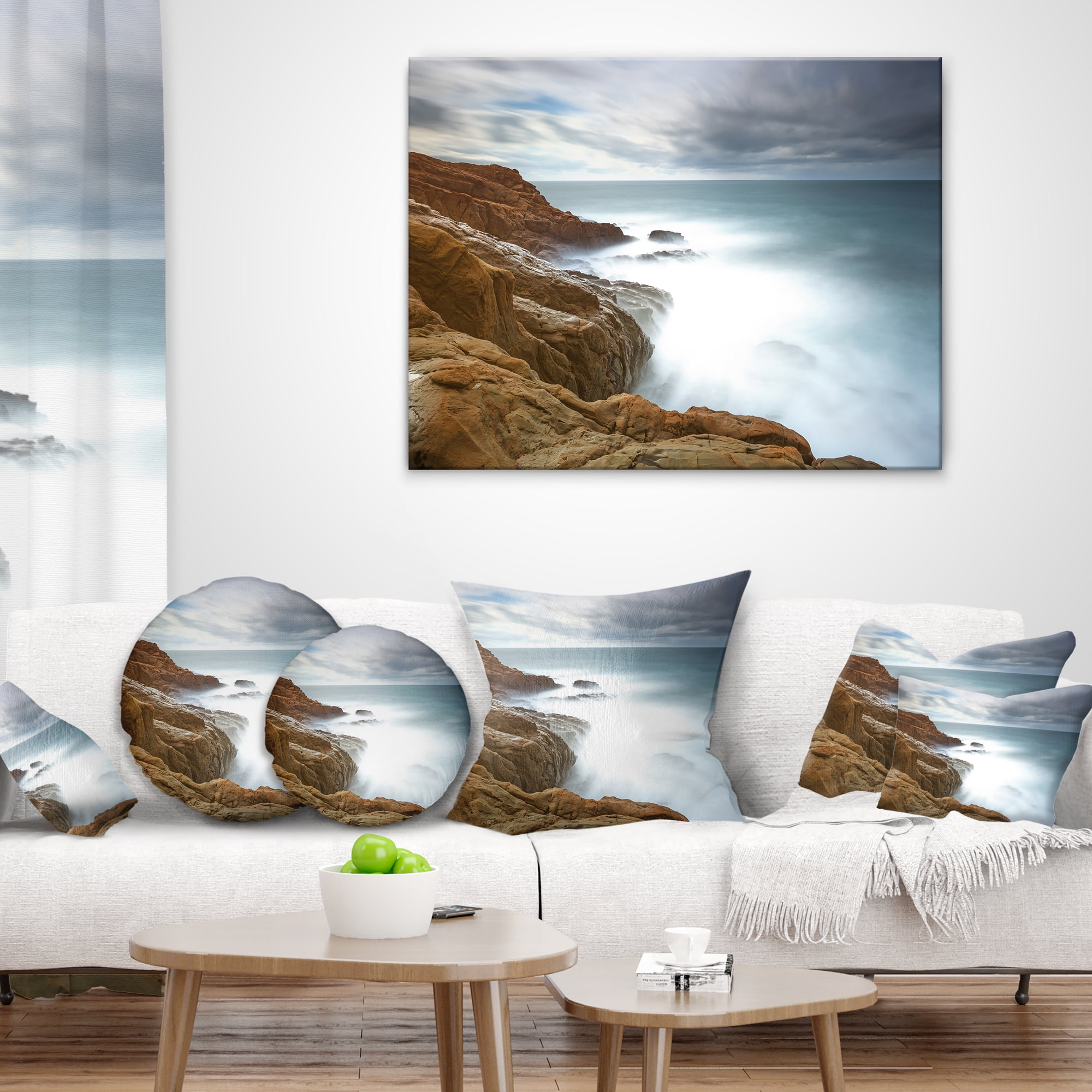 Designart Dark Red Rocks and Foam Waves - Seascape Throw Pillow - 18x18