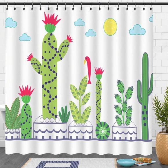 Colorful Cactus Shower Curtain - Vibrant Nature Design with Blue Clouds & Sun