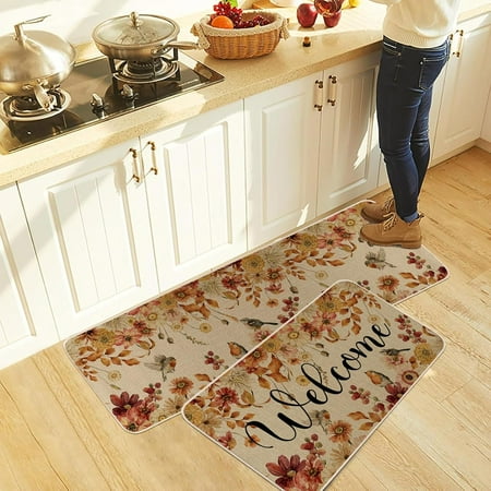 

Welcome Floral Leaves Fall Kitchen Rugs Set of 2 Autumn Harvest Thanksgiving Home Decor Low-Profile Kitchen Mats for Floor - 17x30 and 17x47 Inch