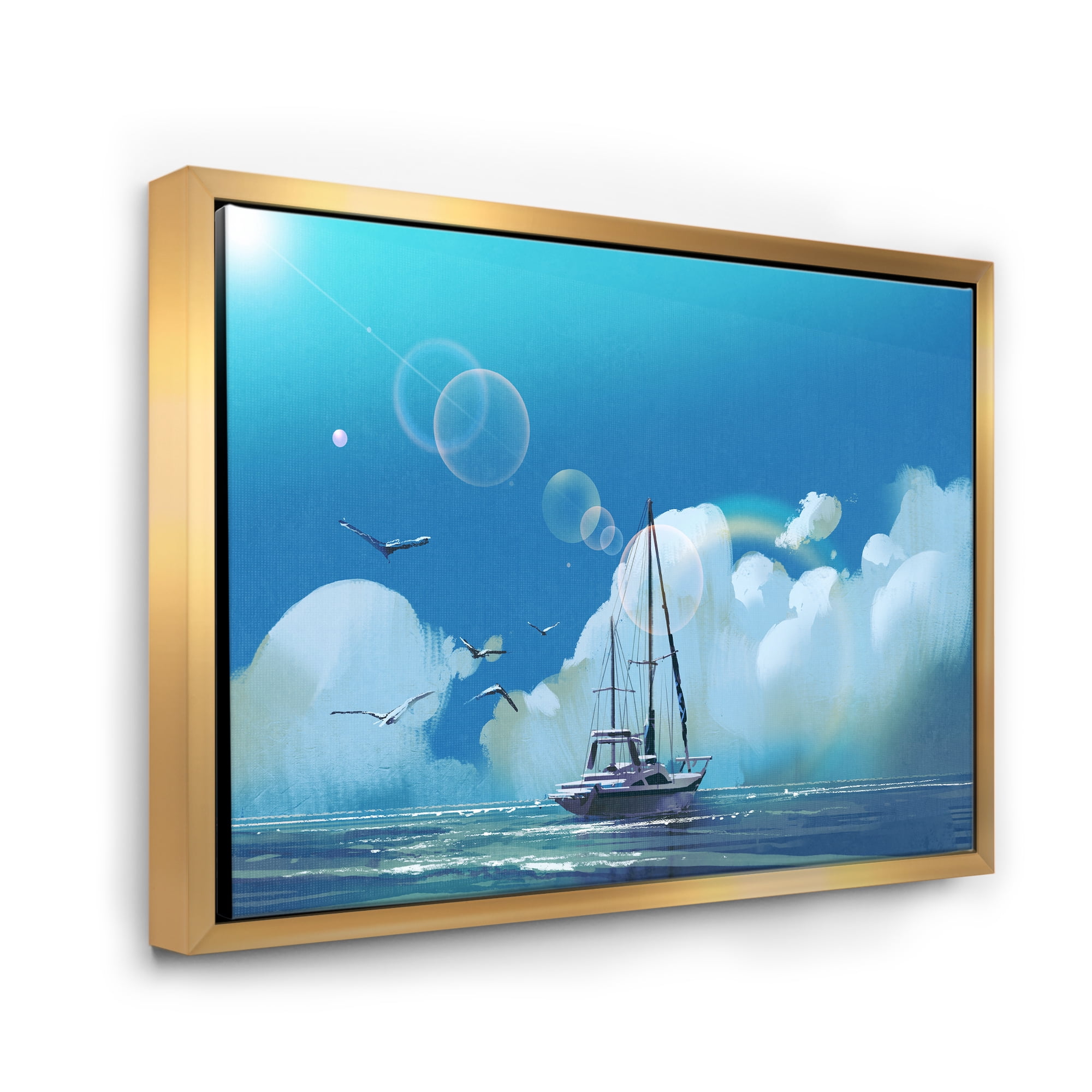 Designart 'The Sailboat On The Blue Sea Against Summer Clouds Sky' Nautical & Coastal Framed Canvas Wall Art Print