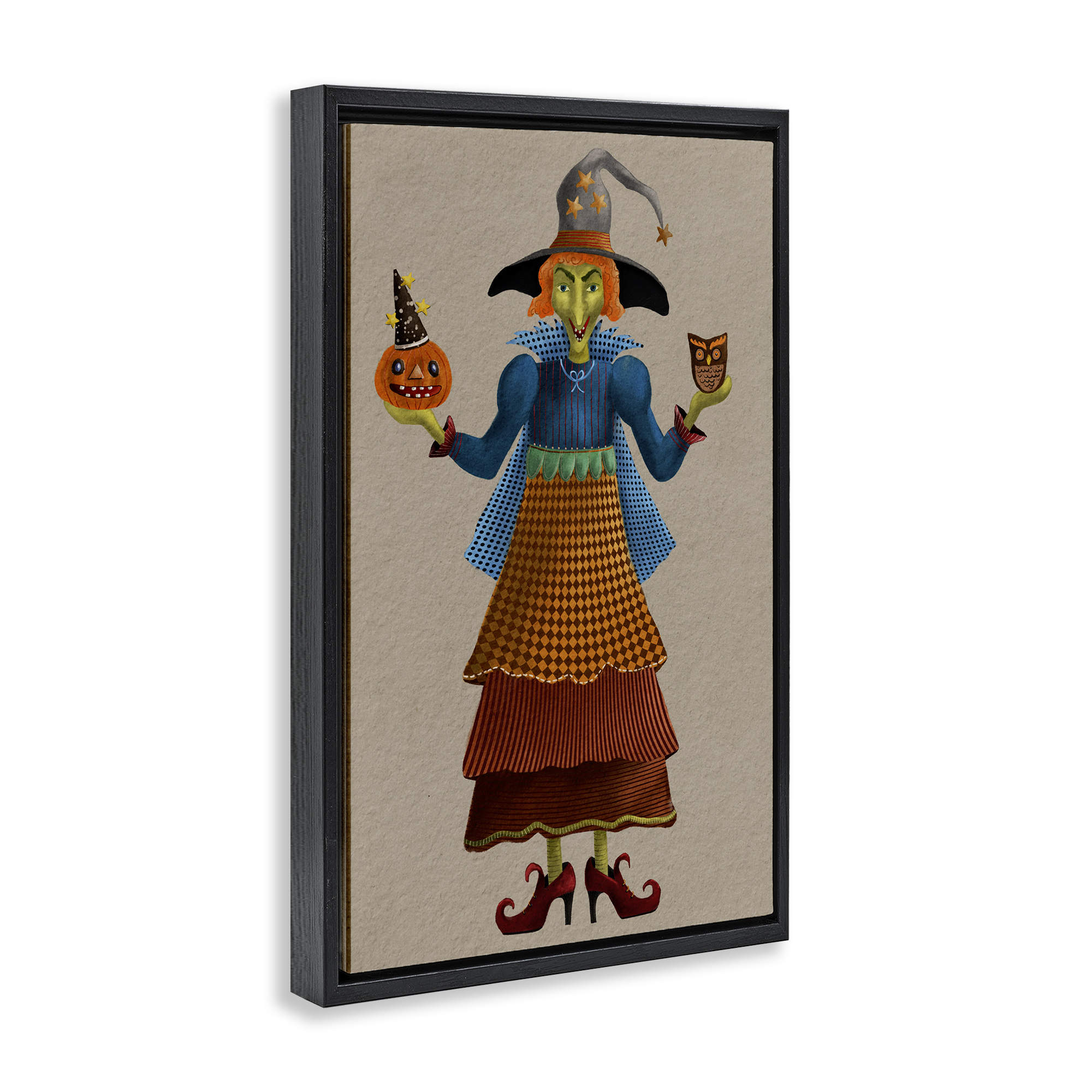 Stupell Industries Halloween Witch in Plaid Holiday Painting Black Floater Framed Art Print Wall Art, 17 x 25