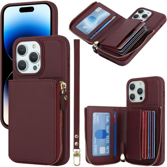 iPhone 14 pro Phone case Wallet with Zipper Card Holders for Women, iPhone 14 pro Case Wallet with Credit Card with Ring Kickstand Zipper Stand Case for iPhone14pro - Red Wine