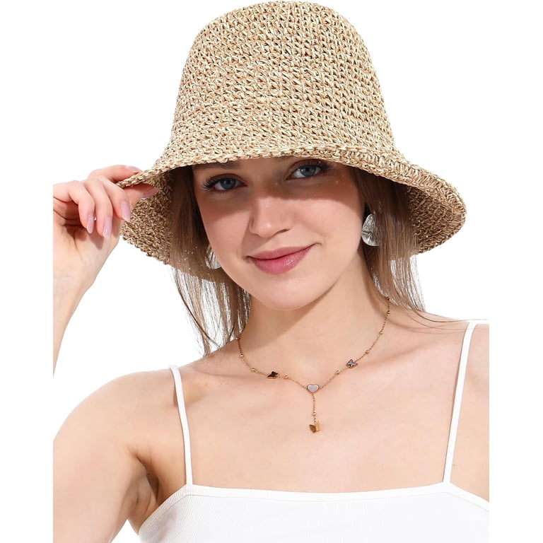 Womens Sun Hat Handmade Crochet Straw Bucket Hat Summer UV  display picture 3