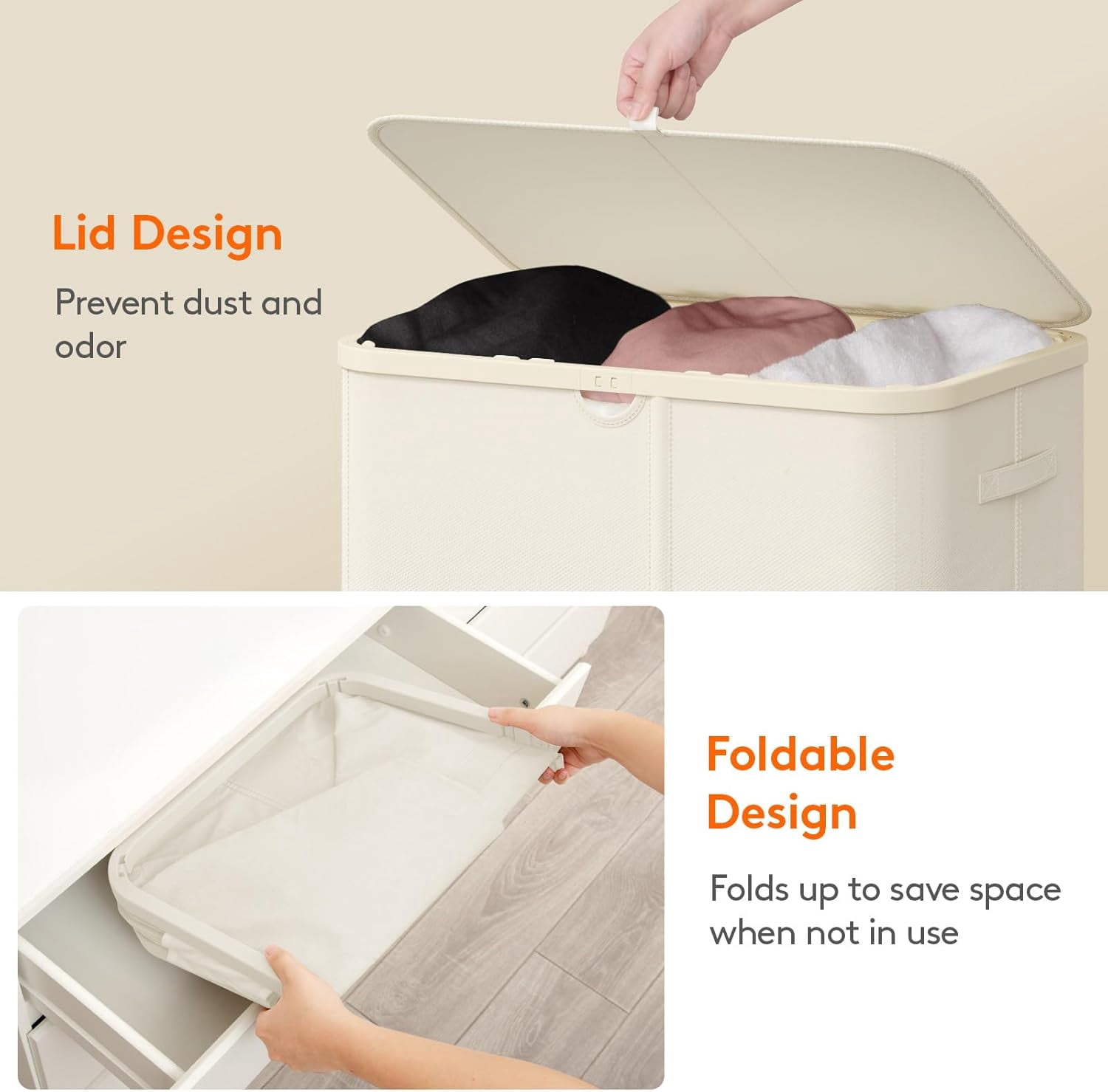 185L Large 3-Section Laundry Hamper with Lid, Bamboo Handles and Removable Bags, White