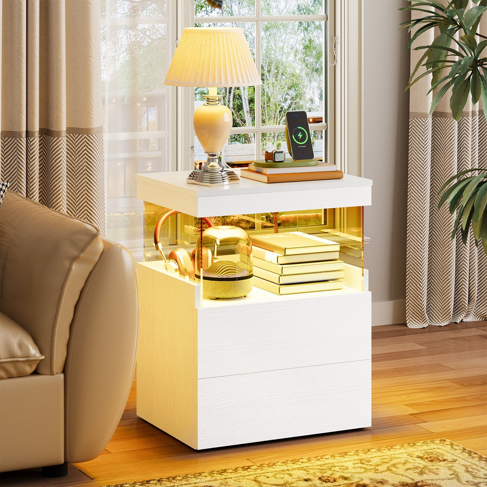 TOMNK White Nightstand with Charging Station, Bedside Table for Bedroom, LED Nightstand, Modern Night Stand with Drawers, White
