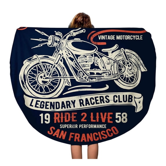 SIDONKU 60 inch Round Beach Towel Blanket Vintage Motorcycle Graphics Motorbike Tee Biker Legend California Accessories Travel Circle Circular Towels Mat Tapestry Beach Throw