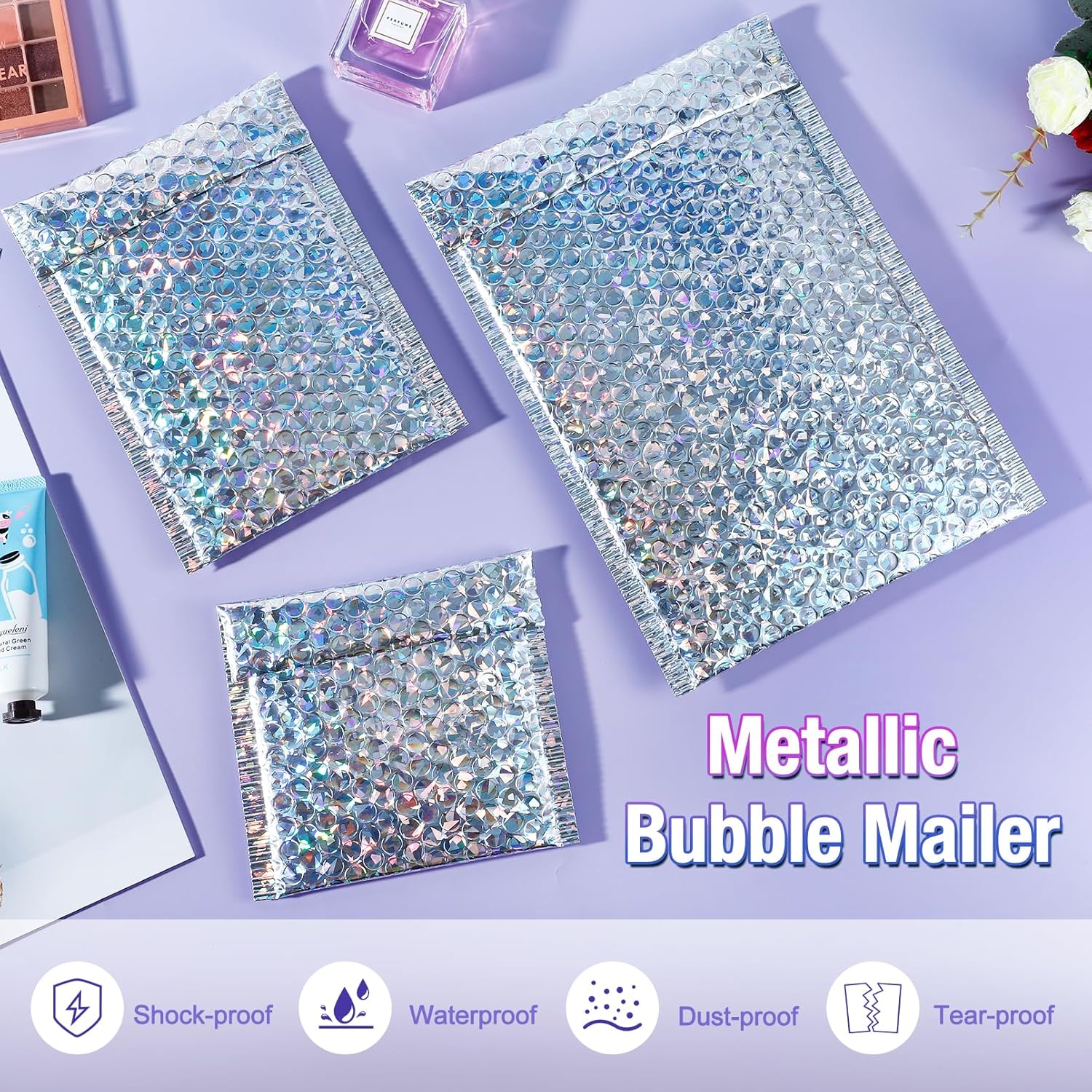 50 Pieces Holographic Bubble Mailers,3 Sizes Metallic Bubble Mailers,Sliver Foil Glitter Padded Envelopes,Self Sealing Waterproof Shipping Bags,Cushion Envelopes for Mailing Packing