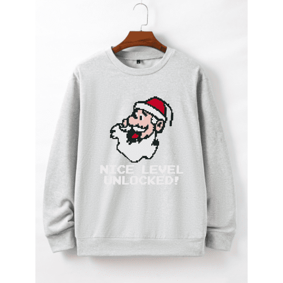 Whicone Men's Crewneck Sweatshirt Nice Level Unlocked Christmas Pixel Santa Print - Unisex Loose Fit, 100% Polyester, 3 Colors, S-XXL