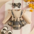 thumbnail image 2 of CAICJ98 Newborn Baby Girl Fall Winter Outfits Plaid Romper Suspender Dress Ruffles Long Sleeve Clothes Bodysuit Jumpsuit with Bow Headband (Brown,9-12 Months), 2 of 7
