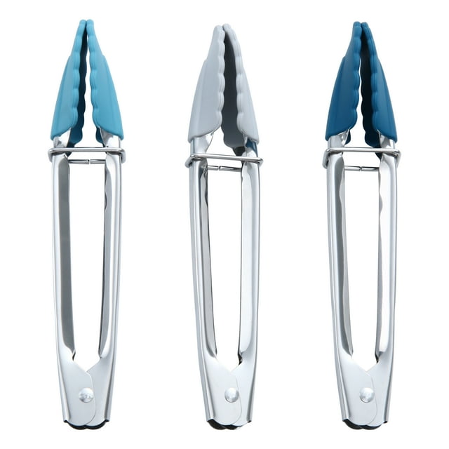 Mainstays 7" Stainless Steel Locking Mini Tongs with Silicone Tip, Navy, Grey, or Teal