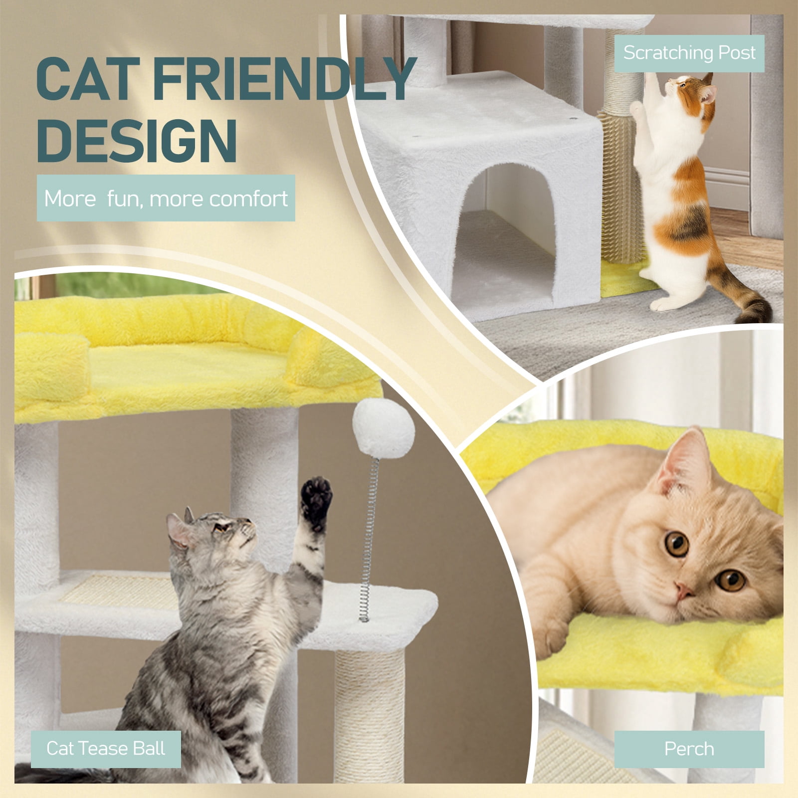 3 Tier Compact Cat Tree Tower, Sisal Scratching Posts & Board With Private Cat Condo, Top Perch Hanging Toy Ball Stable Indoor Cat Activity Furniture For Multi Cat Families