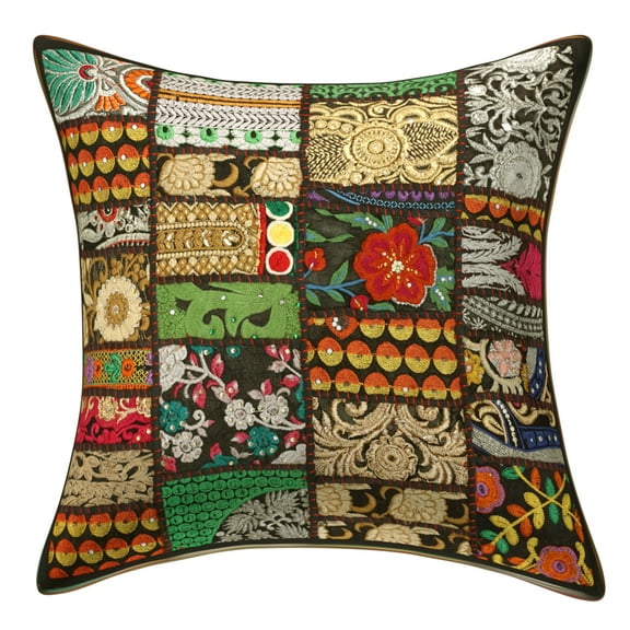 Stylo Culture Indian Cotton Decorative Throw Pillow Sham Cover Black 18x18 Bohemian Vintage Patchwork Indian Couch Cushion Cover 45 x 45 cm Home Decor Abstract Square Pillowcase | 1 Pc