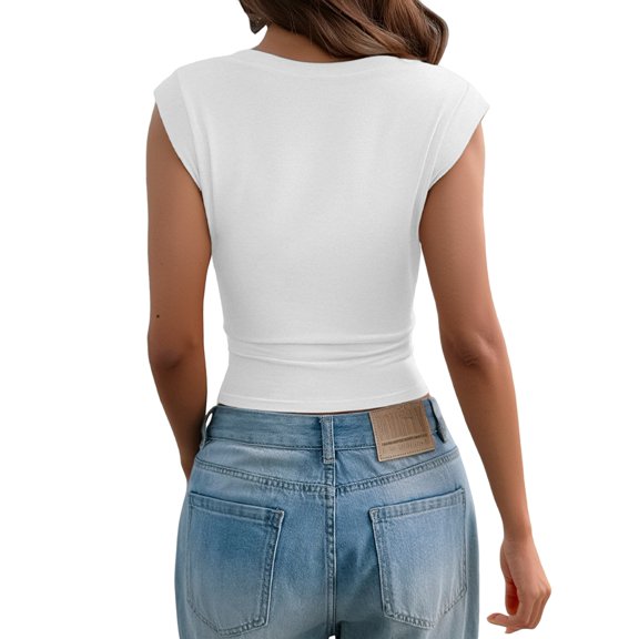Women'S Y2K V-Neck Wrap Front Cap Sleeve Fitted Cropped Tank Tops White M