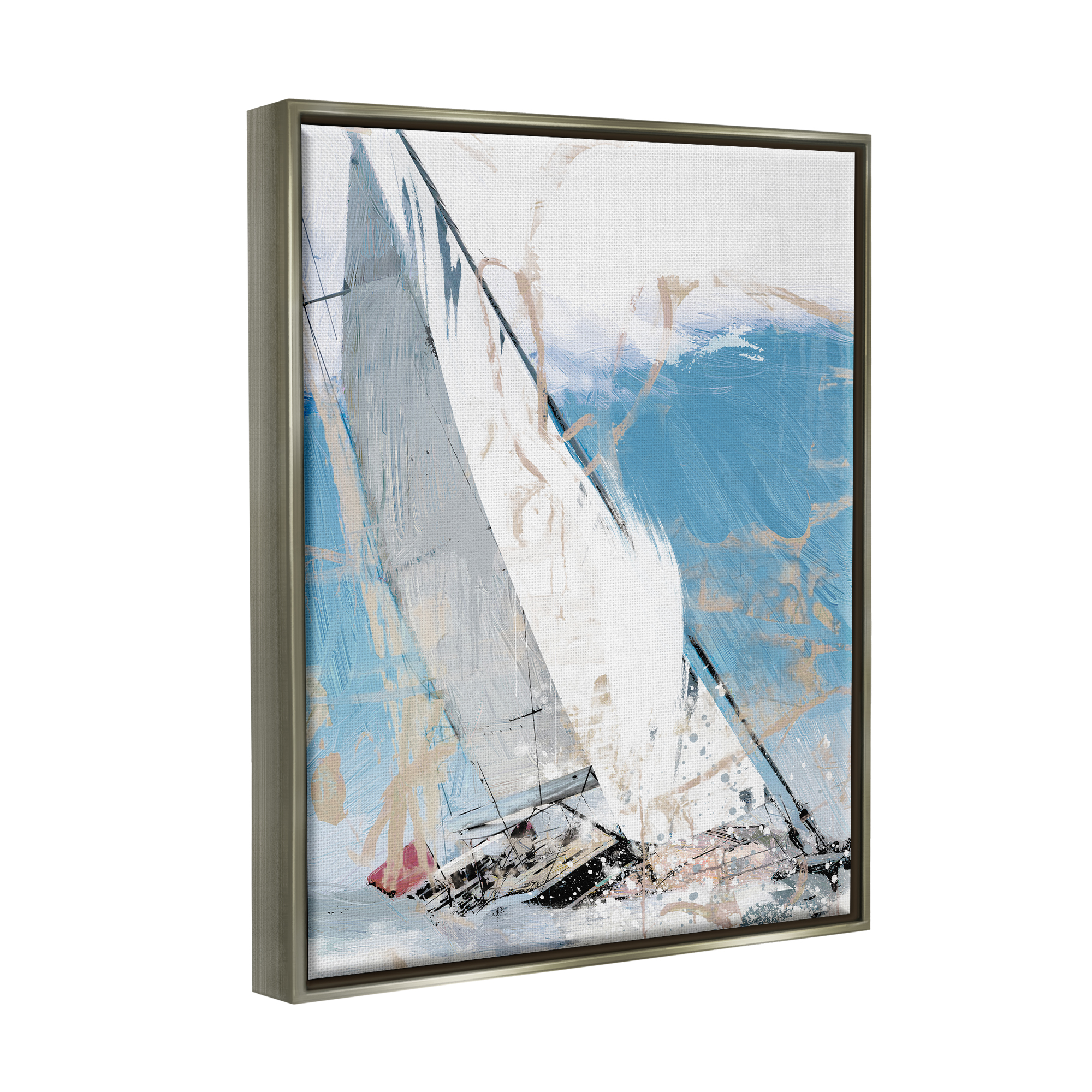 Stupell Industries Abstract Sailboat Waves Transportation Painting Gray Floater Framed Canvas Art Print Wall Art, 17 x 21