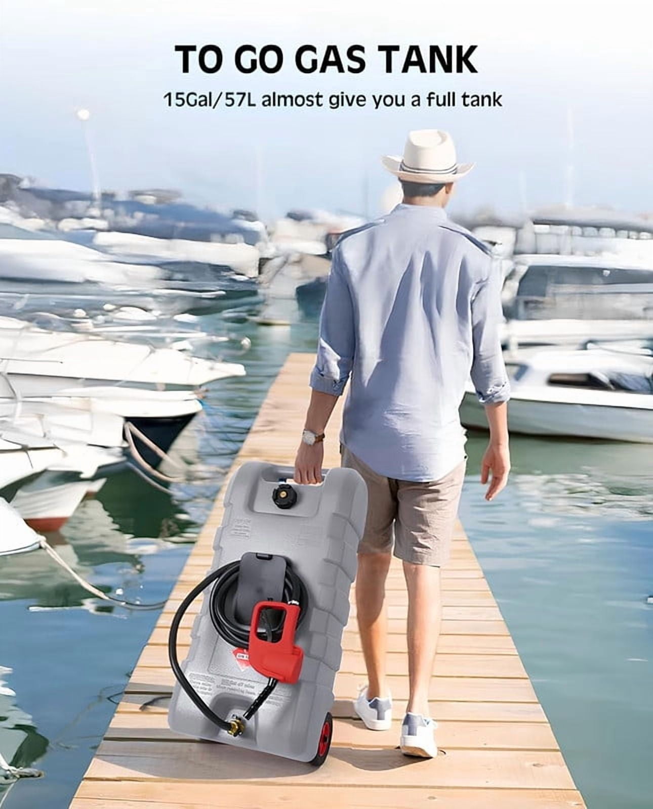 Towallmark Portable Gas Fuel Tank, 15 Gallon Fuel Storage Can With Casters, Includes Fluid Transfer Siphon Pump 10FT Hose, For Cars Lawn Mowers Boats, Container Caddy