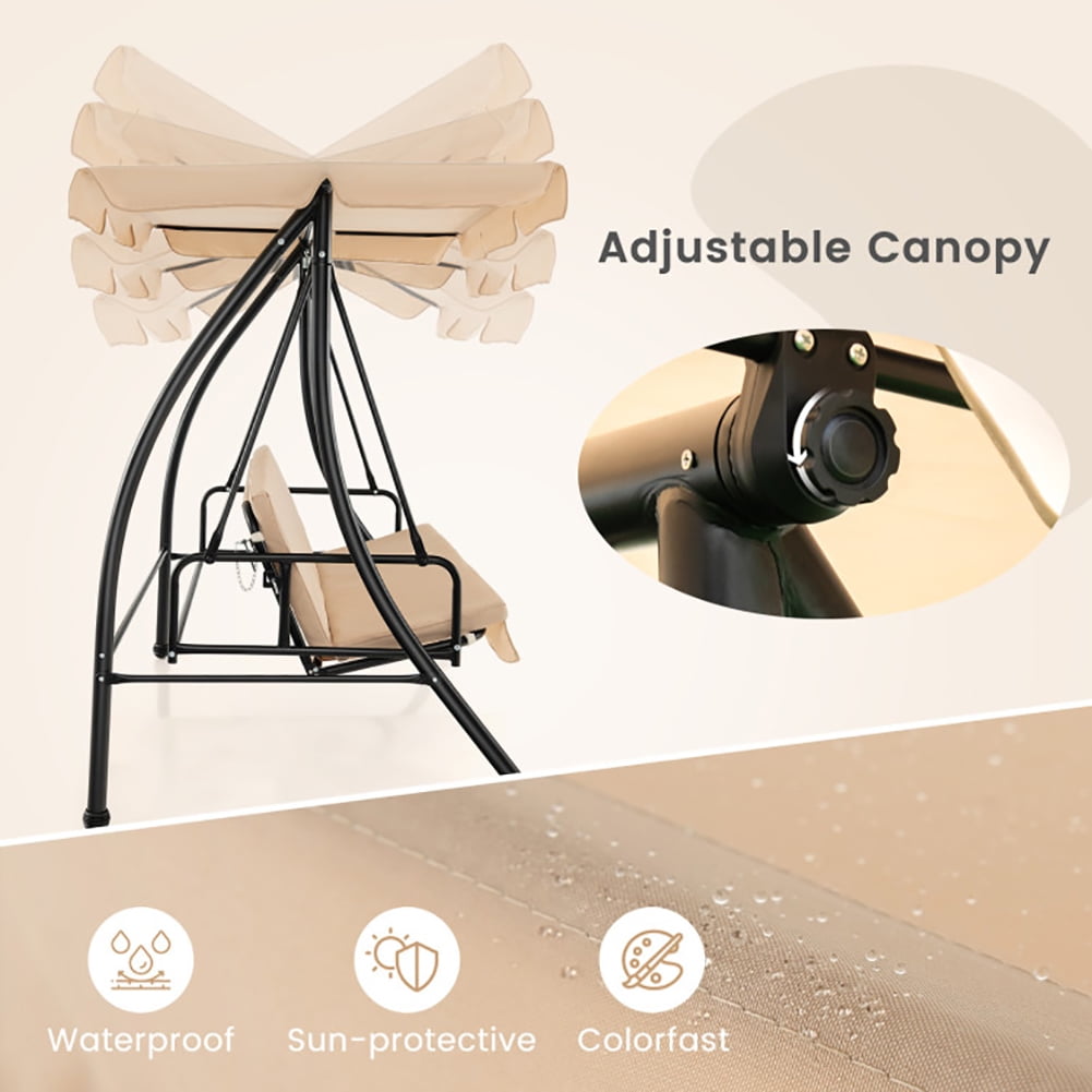 Aimee Lii 2-Seat Outdoor Convertible Swing Chair with Flat Bed and Adjustable Canopy, Outdoor Swing for Adults, Beige