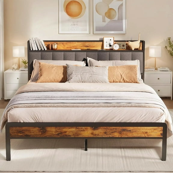 Full Bed Frame with Storage Headboard Camas Full Size, Metal Platform Bed Hold 1000 lbs, Dark Gray