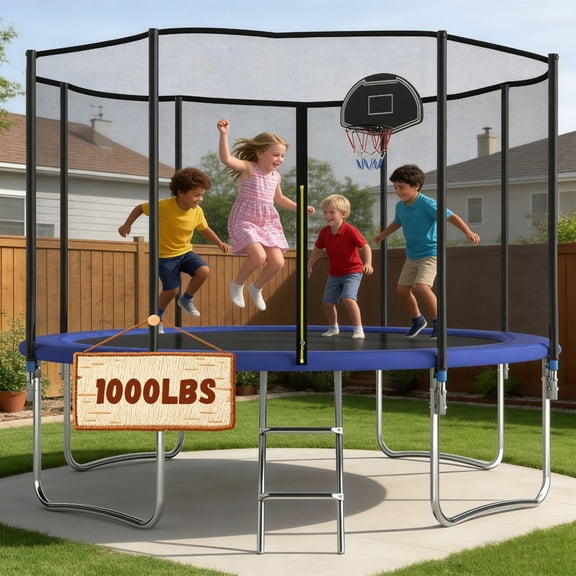 Shengchao Trade 1000LBS 12FT Trampoline for Adults and Kids,Trampoline with Enclosure,Basketball Hoop, Light,Recreational Trampoline with Ladder, Heavy Duty Trampoline Capacity for 4-6 Kids