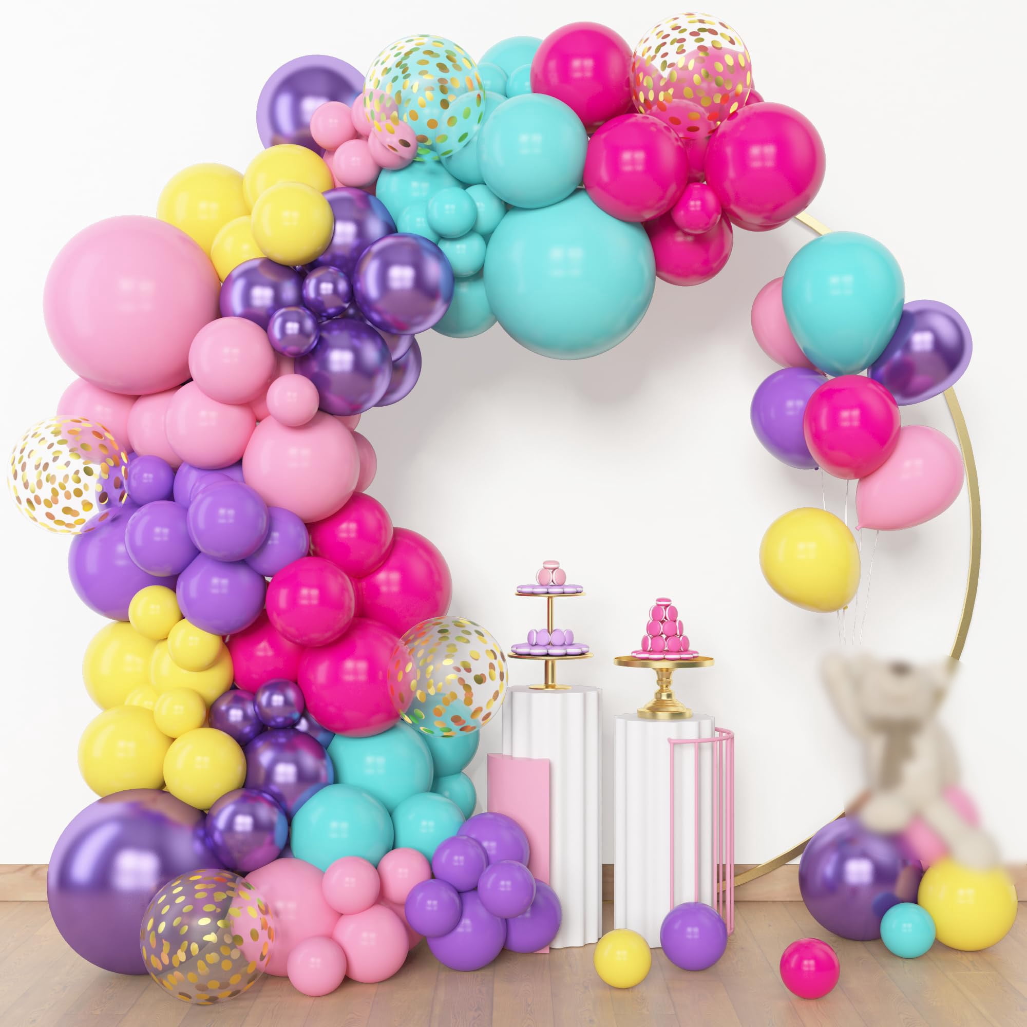 Party Balloon Garland Arch Kit, 153 Pieces In 18,12,10,5 Inch Sizes, Latex, Metallic, Confetti Balloons For Birthday, Engagement, Shower, Graduation Event, Purple, Blue, Pink, Teal, Yellow