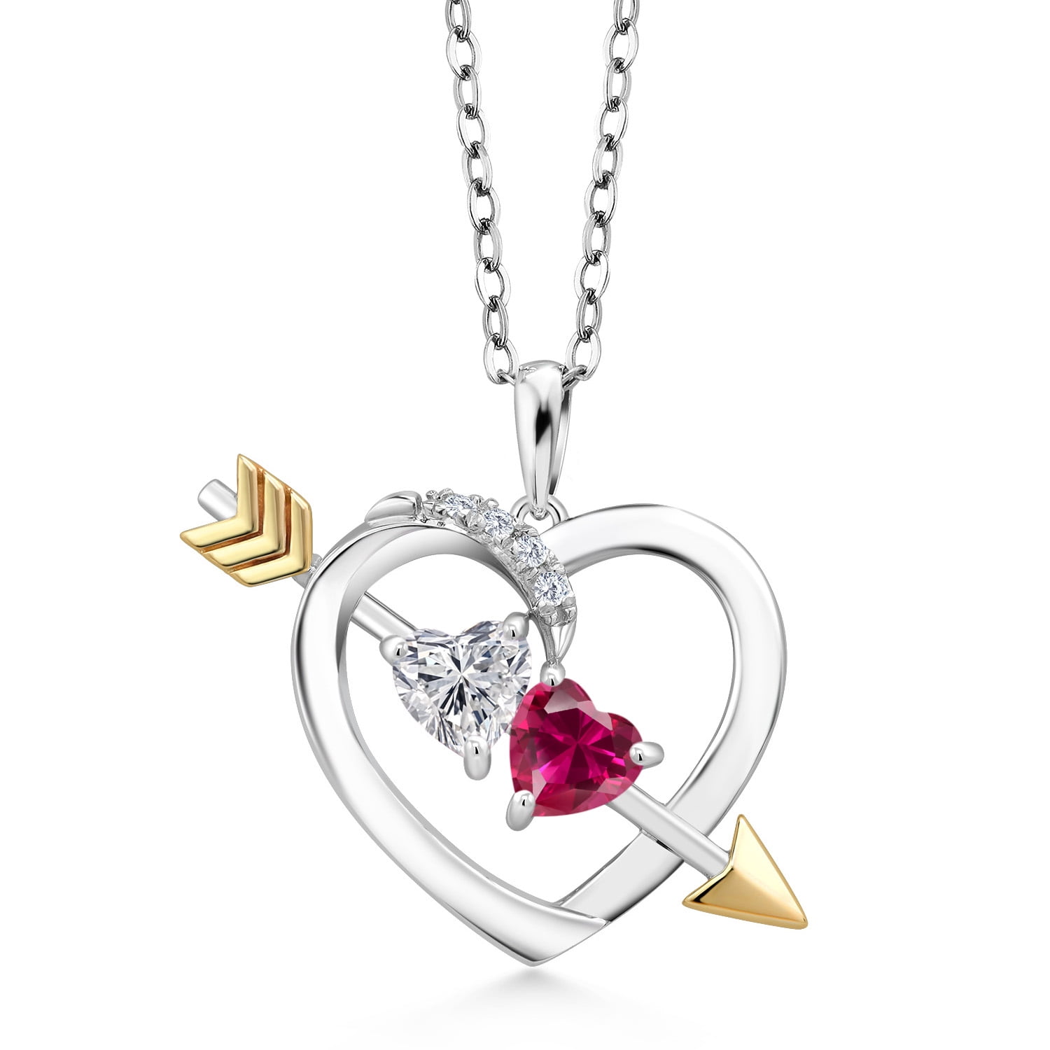 Gem Stone King 925 Silver and 10K Yellow Gold Lab Grown Diamond and Red Created Ruby Pendant Necklace for Women | 1.08 Cttw | Gemstone April Birthstone | Heart Shape 5MM | With 18 inch Chain