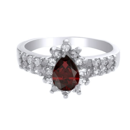 Pear Cluster Ring - Pear Shape Simulated Garnet & White Cubic Zirconia Cluster Ring in 14k White Gold Over Sterling Silver Ring Size : 4