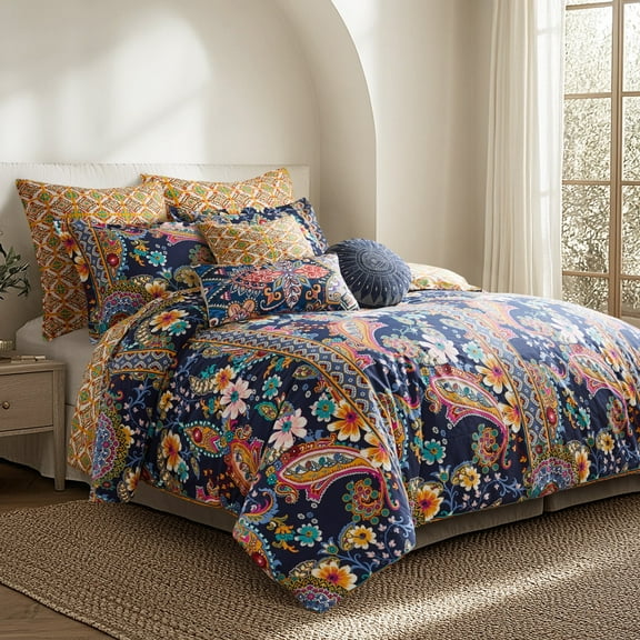 Levtex Home - Bertelli Navy Duvet Cover Set - Floral - Navy, Pink, Ochre, Blue Teal, Green - Duvet Cover (68 x 88in.) and One Pillow Case (26 x 20in.) - Cotton