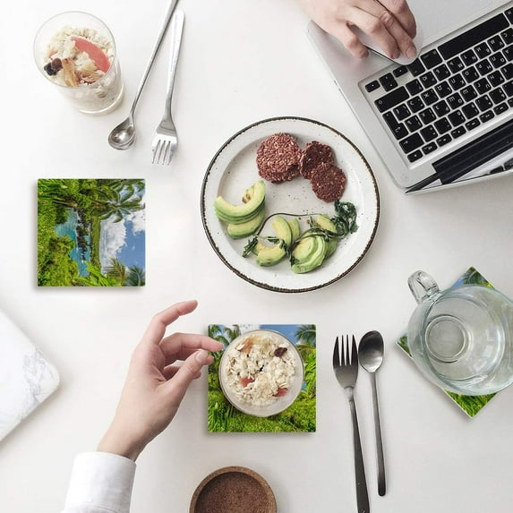 FMSHPON Hawaiian Nature Forest Print Set of 6 Coaster for Drinks, Absorbent Ceramic Stone Coasters Cup Mat with Cork Base for Home Kitchen Room Coffee Table Bar Decor