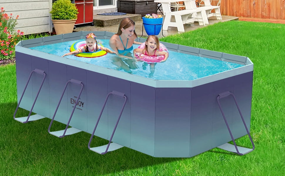 LHUAI, 102" Foldable Non-Inflatable Pool, Large Rectangular Above Ground Outdoor Backyard Swimming Family Pool, For Adults, Kids And Pet Dogs, Blue.