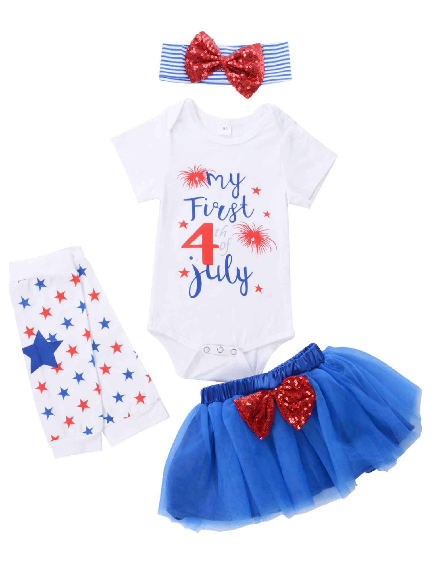 Baby Girls My 1st 4th of July Outfits Short Sleeve Romper+Tutu Skirt+Headbands+Warm Leggings 4PCS Clothes Set