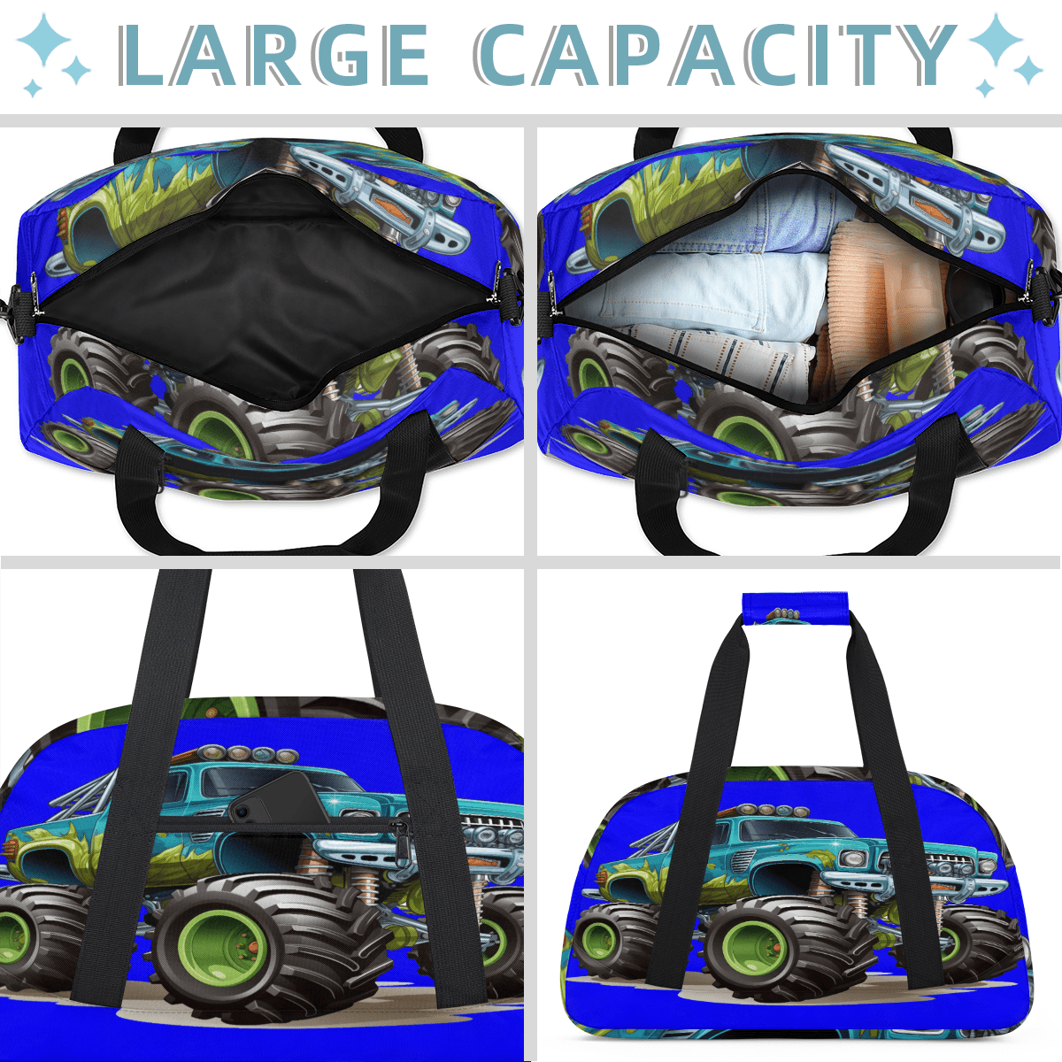 Herdesigns Sports Duffle Bags Travel Duffle Bag Gym Bag Cartoon Cool Monster Truck Weekender Travel Bag Waterproof Overnight Bag Carry On Travel Tote Bag Dance Bags