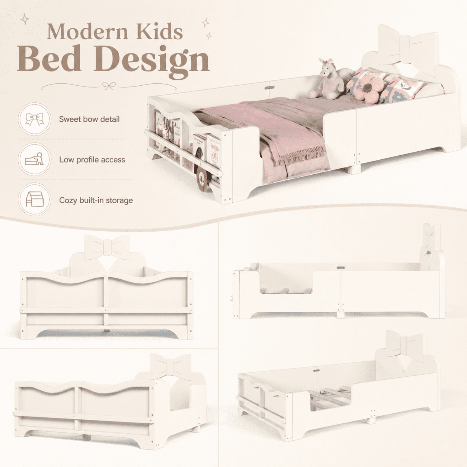 Miniyam Kids Twin Montessori Floor Bed with Guardrails and Built-In Bookshelf, Bowknot Headboard, White