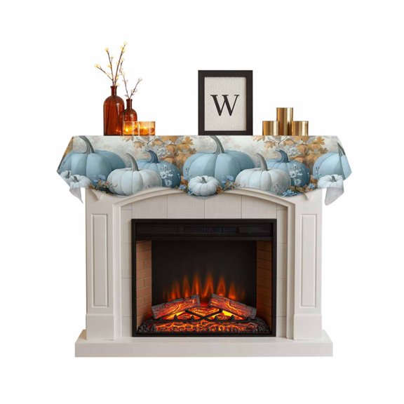 Blue Pumpkin Fall Fireplace Mantel Scarf Cover 70"Wx17"L,Fireplace Mantel Shelf Top Runner,Thanksgiving Autumn Botanical Leaves Mantle Dresser Scarves Table Runner for Holiday Party Living Room Decor