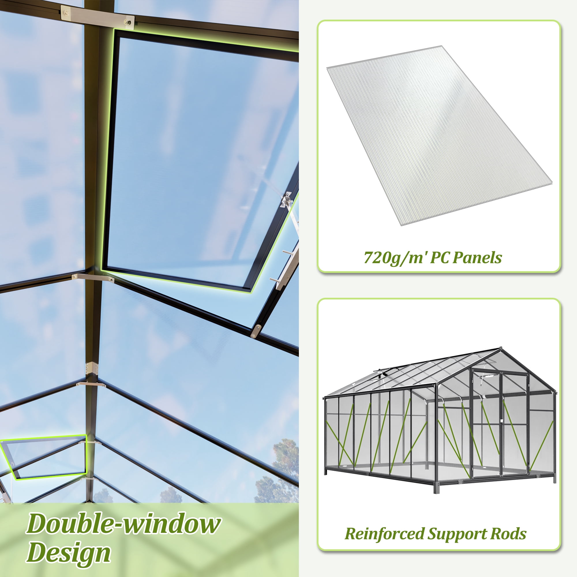LZBEITEM 12'x8' Outdoor Greenhouse, Walk-in Polycarbonate Green House with Aluminum Frame for Backyard, Black