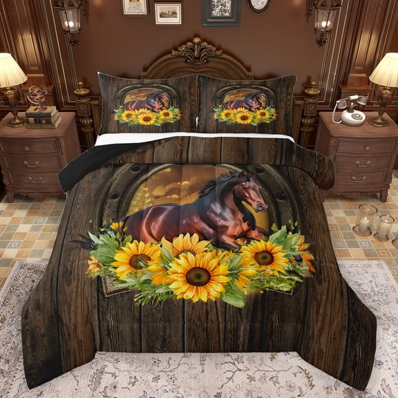 Homewish Retro Rustic Horseshoe Bedding Comforter Set,Farm Animal Horse Twin Comforter Sets,Country Floral Sunflower Bedding Set For Kids,Microfiber Bedroom Decor Reversible,2-Piece