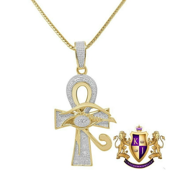 Real Genuine Diamond Egyptian Ankh Cross Eye Of Horus Pendent Charm Chain Set 10K Gold Finish Unisex 2''