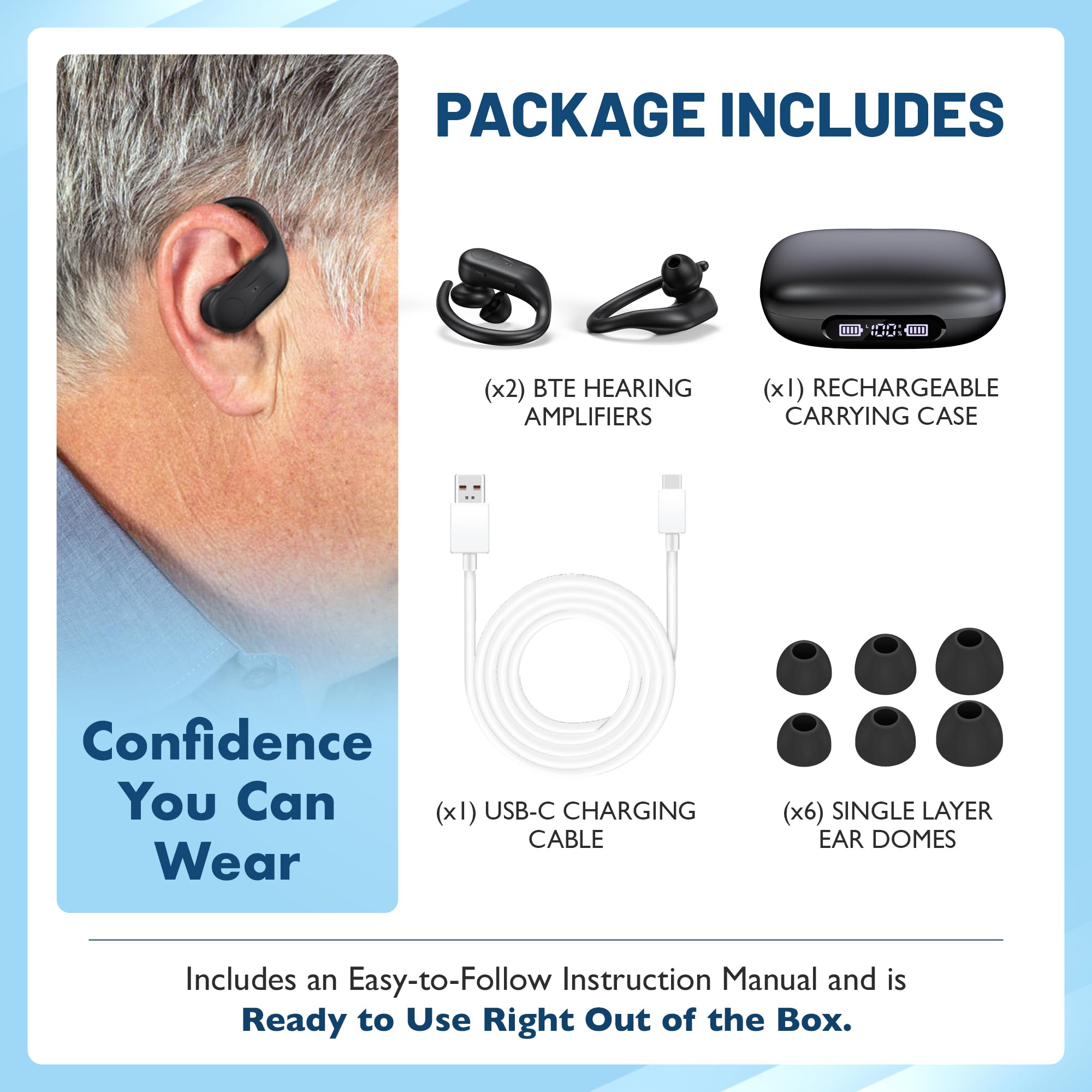 Rechargeable Bluetooth Hearing Aids for Seniors – Easy-to-Use Behind the Ear Sound Amplifier with Automatic Noise Cancelling – BTE Hearing Loss Aids for Adults Men & Women with LED Charging Case