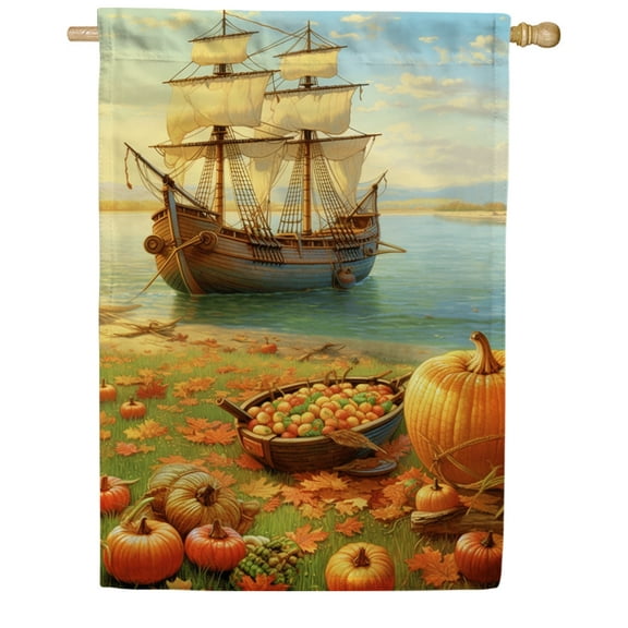 America Forever Mayflower Ship Pilgrim Thanksgiving House Flag 28 x 40 inch Fall Thanksgiving Pumpkins Large Double Sided for Outside Welcome Yard Autumn Flag
