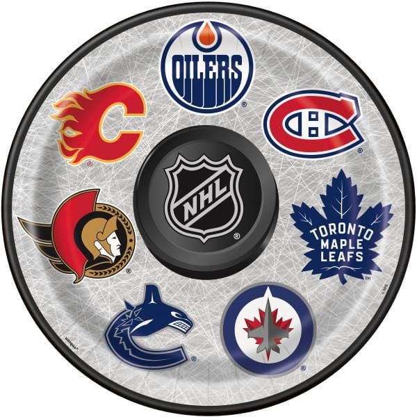NHL round 9-inch dinner plate with central NHL logo surrounded by logos of seven Canadian hockey teams including Calgary Flames and Toronto Maple Leafs.