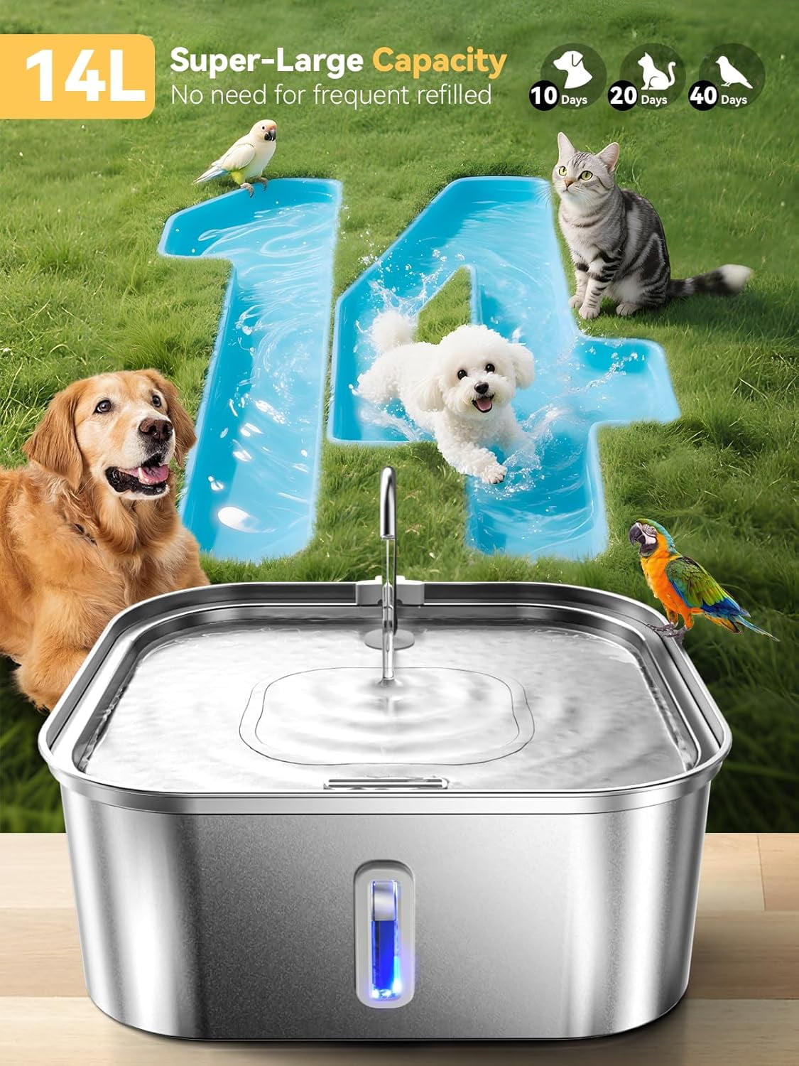 Large Dog Water Fountain 14L/3.7Gal, Stainless Steel Pet Fountain for Large Dogs and Multi-Pets Families, Visible Window & Extra Wide Drinking Area, Enlarges Capacity & Saves Space