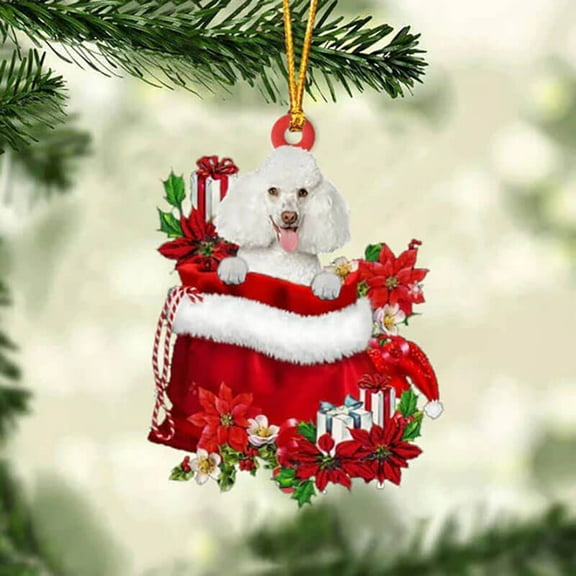 Acrylic 2D FLAT - Poodle In Gift Bag Christmas Ornament 1- Holiday Tree Decoration