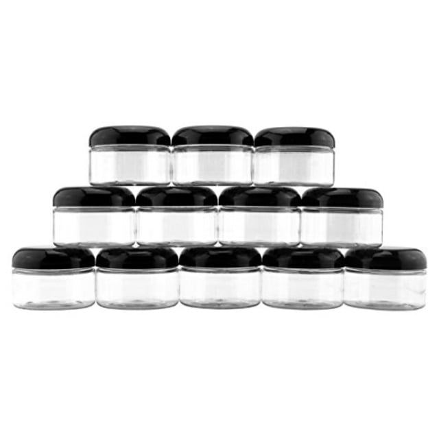 4ounce clear plastic jars (12pack); jars w/black domed lids for