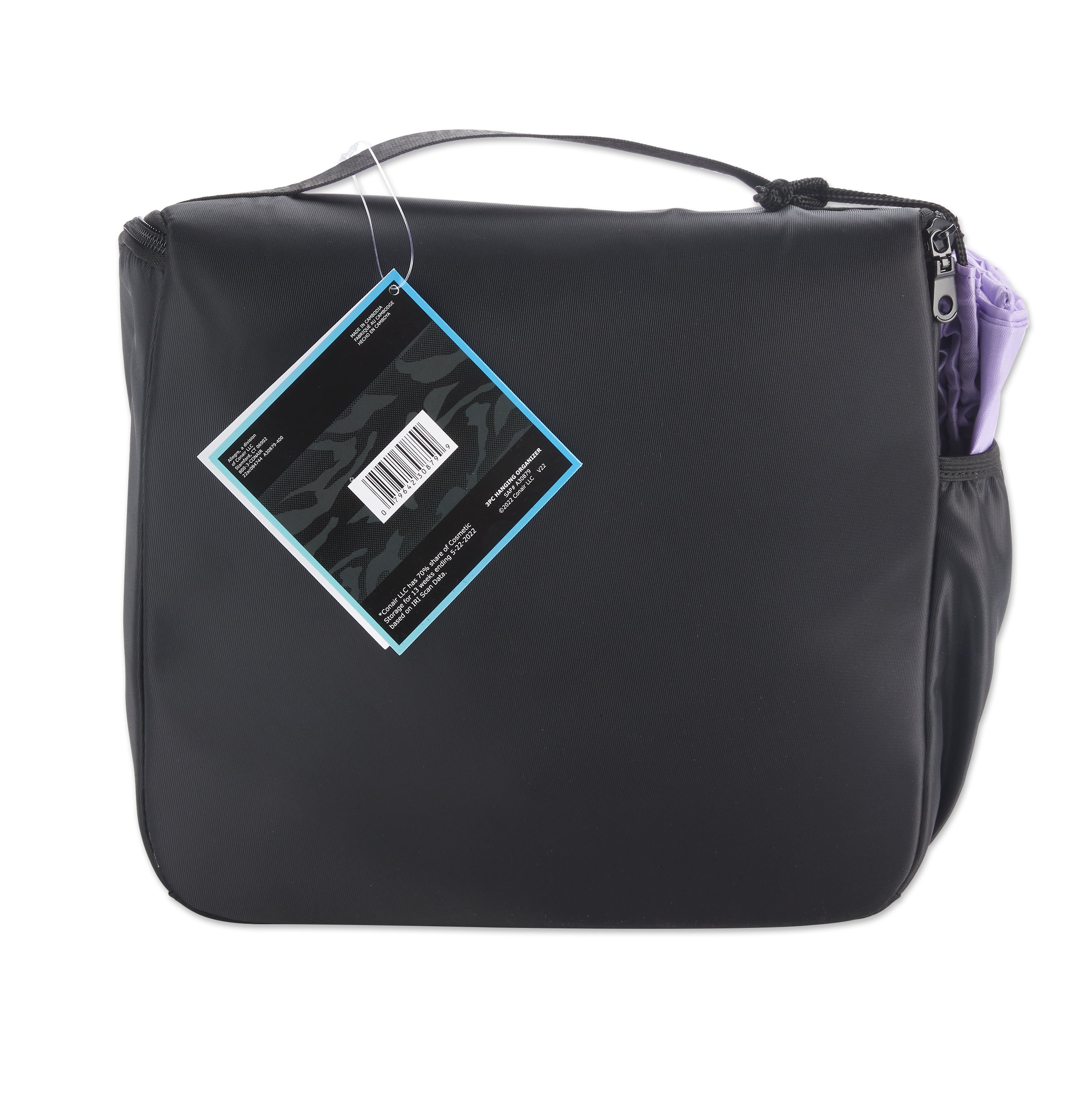 Modern Sport Hanging Toiletry Bag with Zipper, Drawstring Bag, and Clear Pouch, Black & Lavendar (3pc)