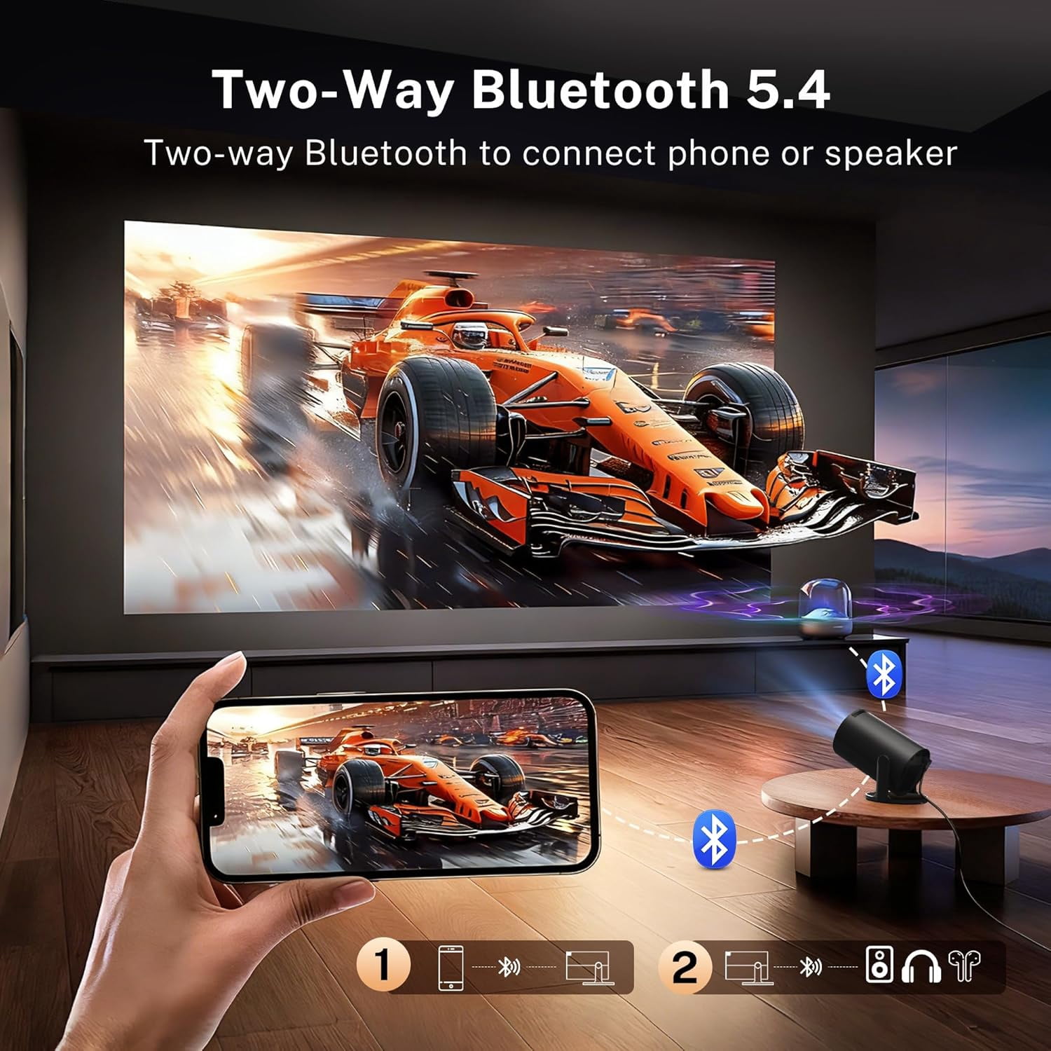 Projector with WiFi 6  5.4 Android 14 1080P 4K Support Portable Auto  OptiBarrel 500 Black