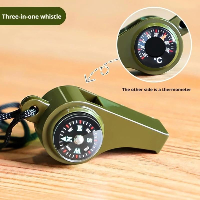 New 7 in 1 Camping Hiking Emergency Survival Whistle with Compass,Thermometer,Outdoor Whistle Camping Tools ArmyGreen Color