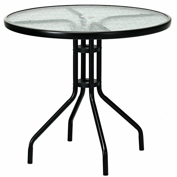 32" Patio Tempered Glass Top Round Table W/Umbrella Hole Steel Outdoor Beach