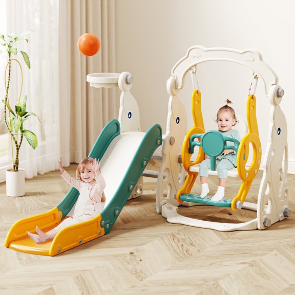 YUFU 4-in-1 Toddler Slide & Swing Set for Kids Age 1-3 with Basketball Playground Slide Indoor Outdoor Playset