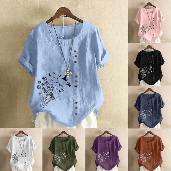 Yxbdin Short Sleeve Cotton Linen Shirts for Women Crew Neck Printed Shirt Casual Loose Fit Buttons Tunic Blouses Summer Outfits Plus Size Tops Light Blue S