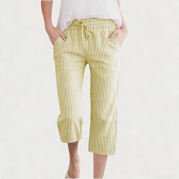 Gamivast Linen Pants for Girls Capri Straight Leg Mid Rise Drawstring Elastic Waist Breathable Vertical Striped Cropped Pants with Pockets Casual Daily Wear