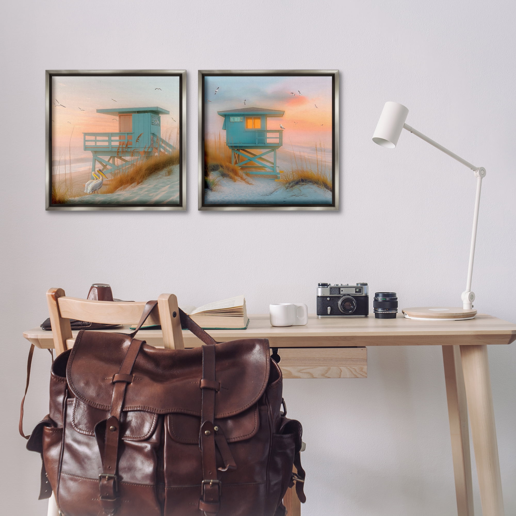Stupell Industries Lifeguard Beach Hut Pelicans Nautical & Beach Painting Gray Floater Framed Canvas Art Print Wall Art, 18 x 18, Set of 2