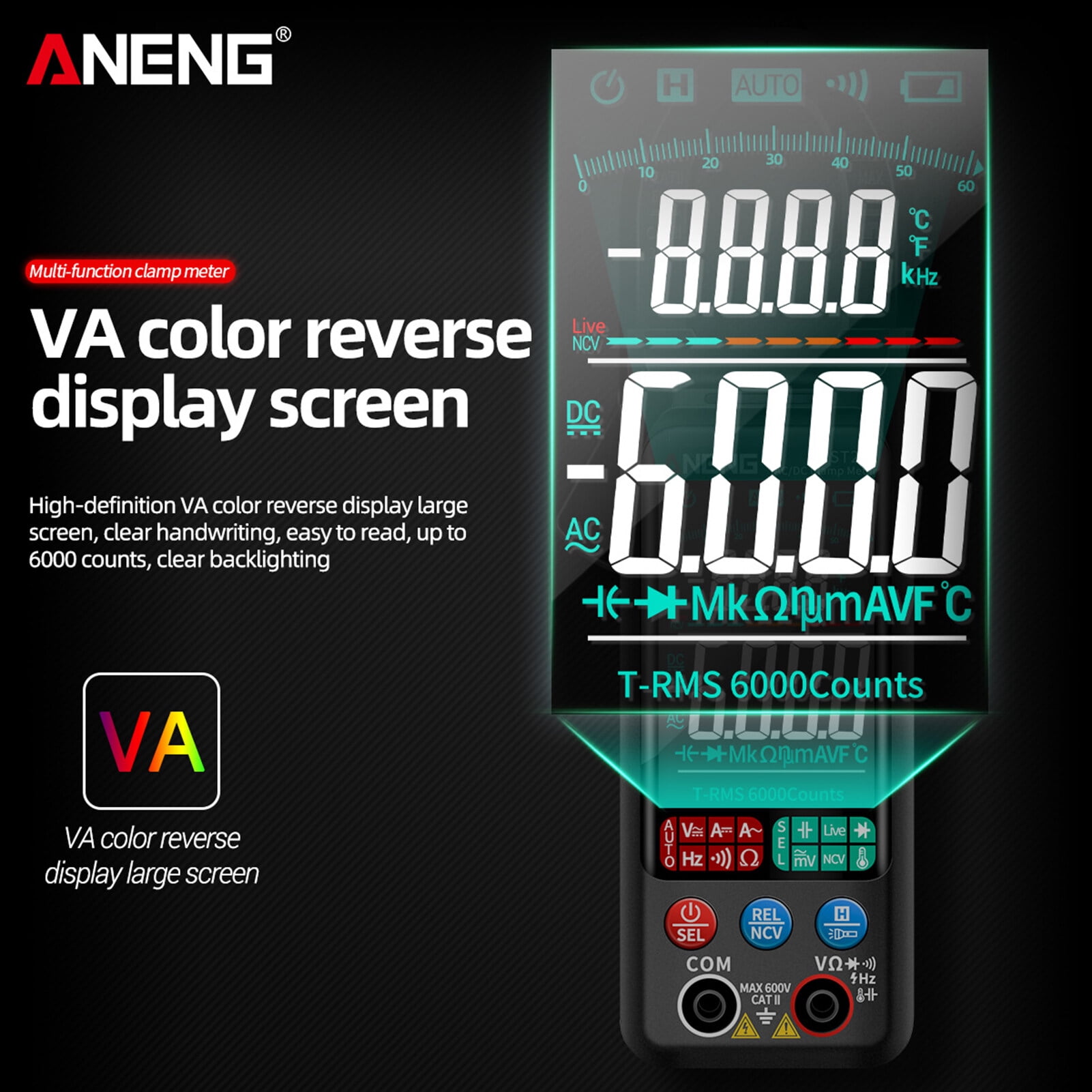 Aneng St212 Clamp Meter Intelligent Digital Clamp Multimeter 6000 Counts Smart Ac & Dc Voltmeter 400A Ammeter Va Colored Display Auto Clamp Type Tester Ncv Non- Voltage Measurer Resistance